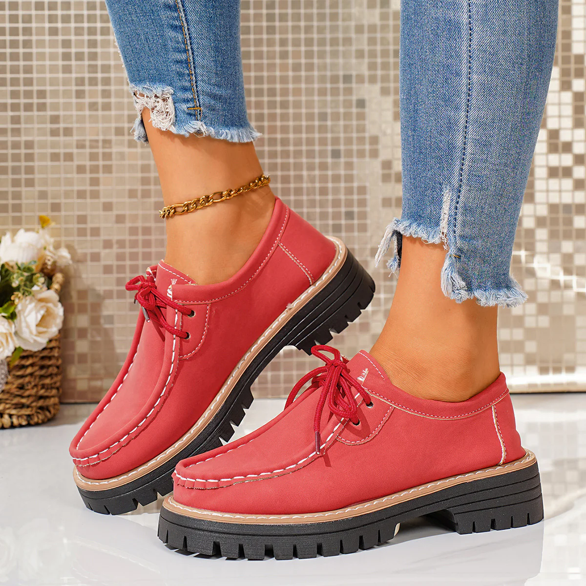 Damen modische Schnürschuhe mit robustem Profil und feinem Lederobermaterial Heidi Mode - Image 9