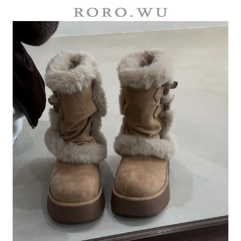 Damen modische Winterstiefel mit kuscheligem Kunstfell und praktischem Doppelriemen Heidi Mode