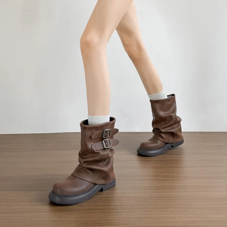 Damen modische Winterstiefel mit modischem Falten-Design und dekorativen Schnallen Heidi Mode