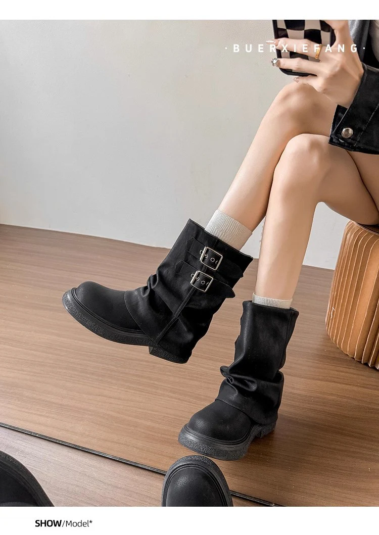 Damen modische Winterstiefel mit modischem Falten-Design und dekorativen Schnallen Heidi Mode - Image 6