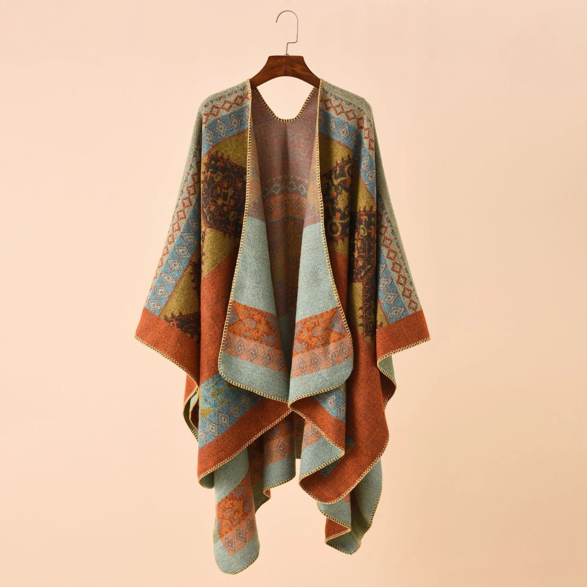 Damen Modischer Poncho mit Kunstvollem Muster und Fransigen Kanten Heidi-Mode - Image 4