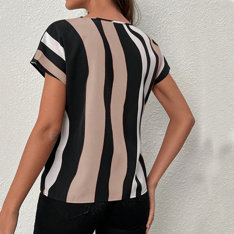 Damen Modisches Kurzarmshirt mit V-Ausschnitt und Streifenmuster Heidi-Mode - Image 3
