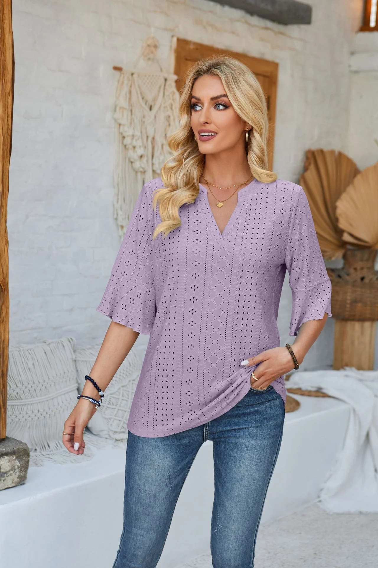Damen modisches Oberteil mit durchbrochenem Design und Volantärmeln Heidi-Mode - Image 12