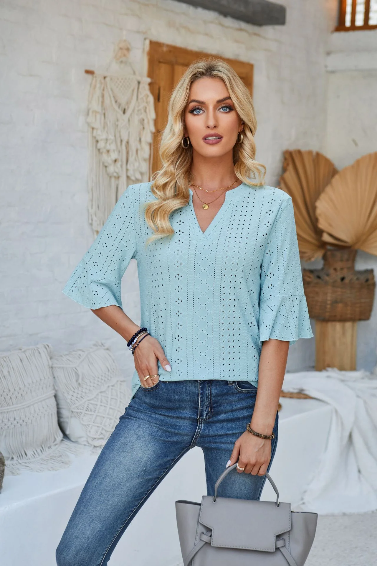 Damen modisches Oberteil mit durchbrochenem Design und Volantärmeln Heidi-Mode - Image 3