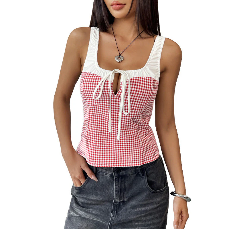 Damen Modisches Top mit Kariertem Muster und Raffiniertem Bindeband Heidi-Mode - Image 5