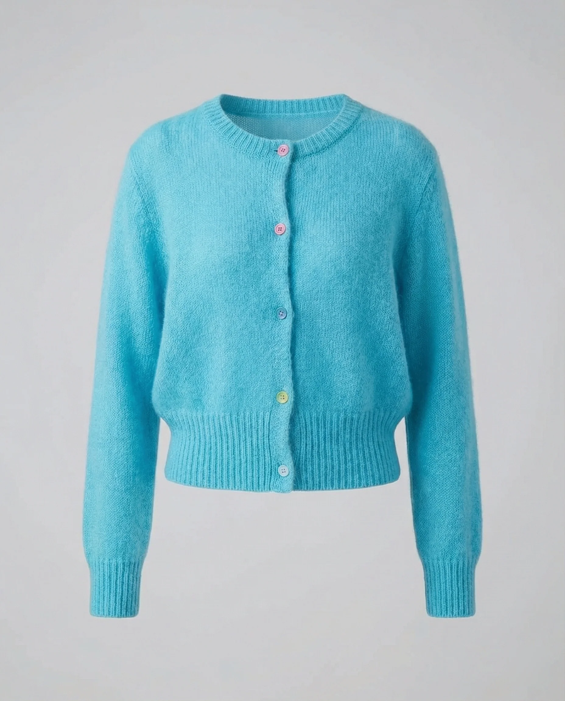 Damen Mohairoptik Kurzstrickjacke mit tailliertem Rippsaum und bunten Zierknöpfen Heidi-Mode - Image 5