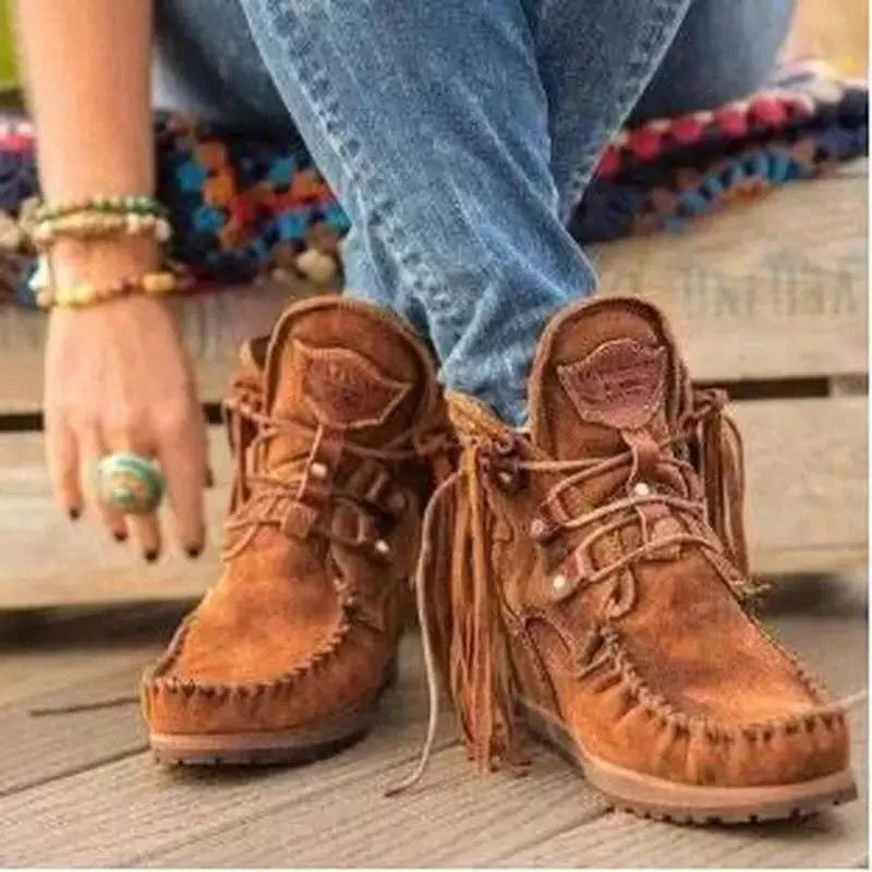 Damen Mokassin-Stiefel mit fransigem Design und handgefertigter Verarbeitung Heidi Mode