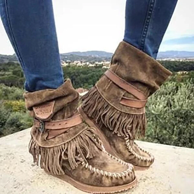 Damen Mokassin-Stiefel mit fransigen Details und modischer Schnalle Heidi Mode - Image 8