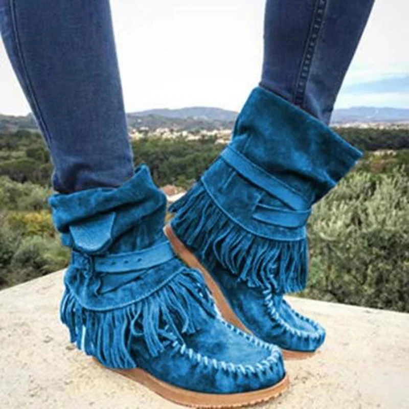Damen Mokassin-Stiefel mit fransigen Details und modischer Schnalle Heidi Mode - Image 9