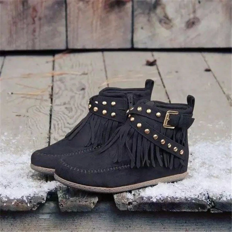 Damen Mokassin Stiefeletten mit modischen Fransen und dekorativen Nieten Heidi Mode - Image 2