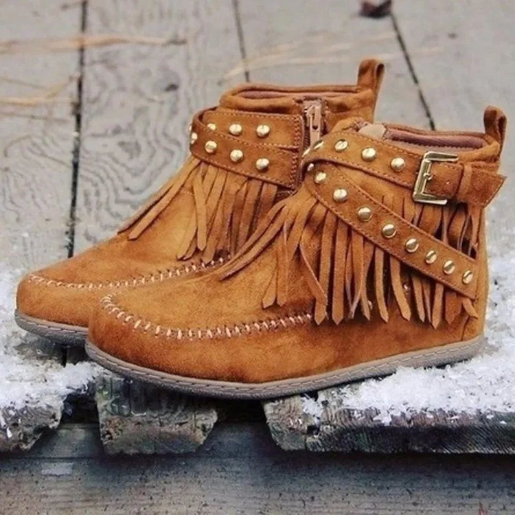 Damen Mokassin Stiefeletten mit modischen Fransen und dekorativen Nieten Heidi Mode - Image 8