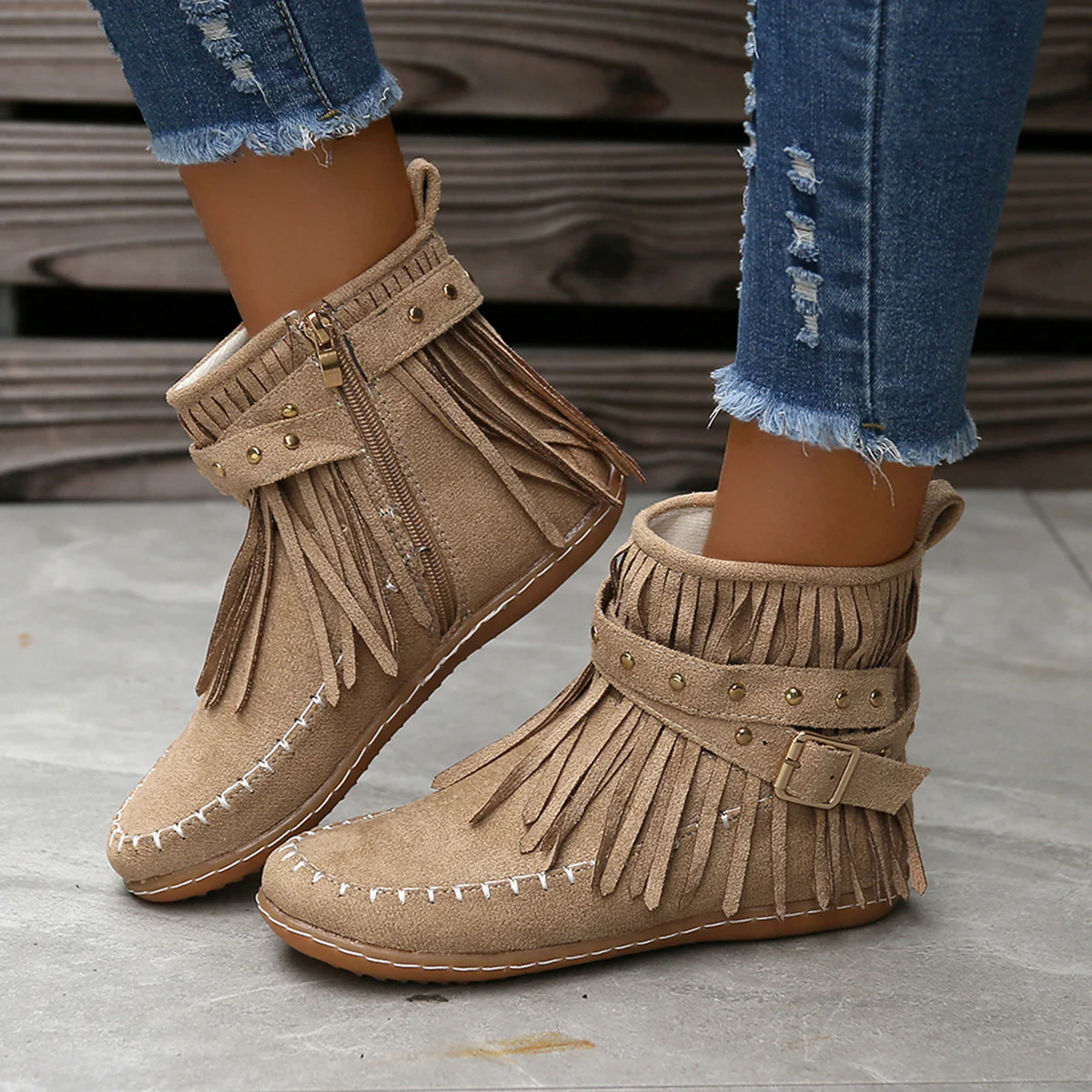 Damen Mokassinstiefel mit modischem Fransen-Design und eleganten Akzenten Heidi Mode - Image 4