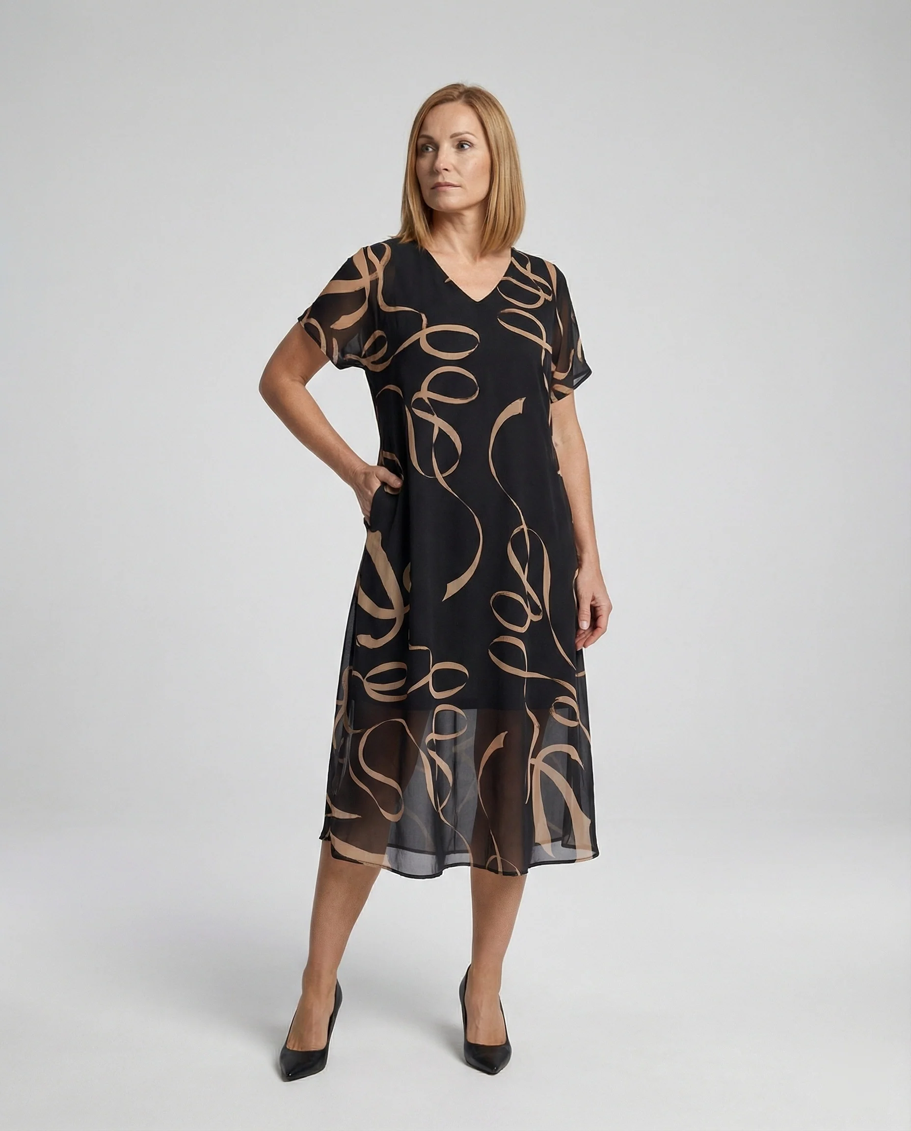 Freizeitkleid Damen Midikleid Chiffon A-Linie V-Ausschnitt - Image 2