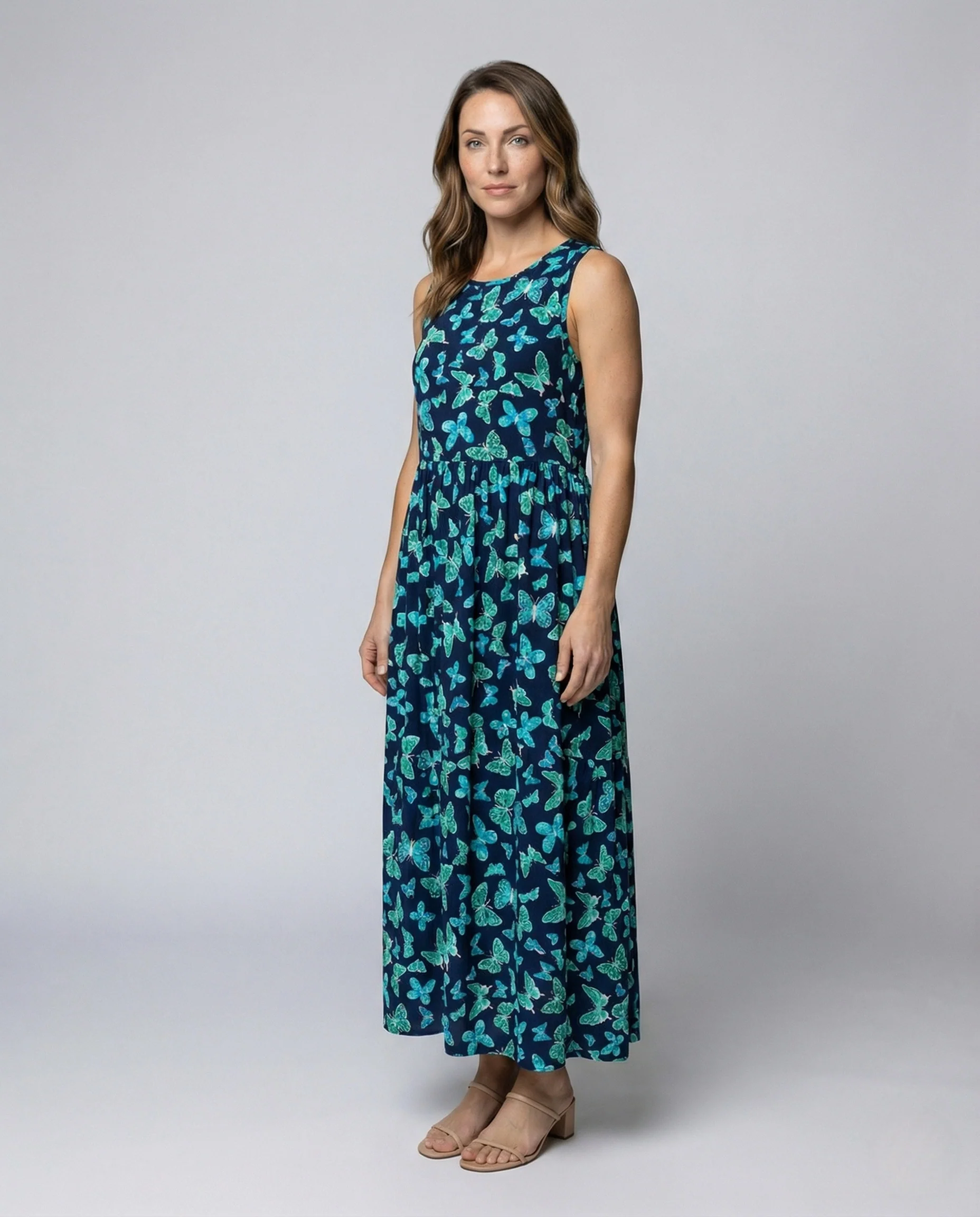 Damen A-Linien Maxikleid mit Schmetterlingsprint