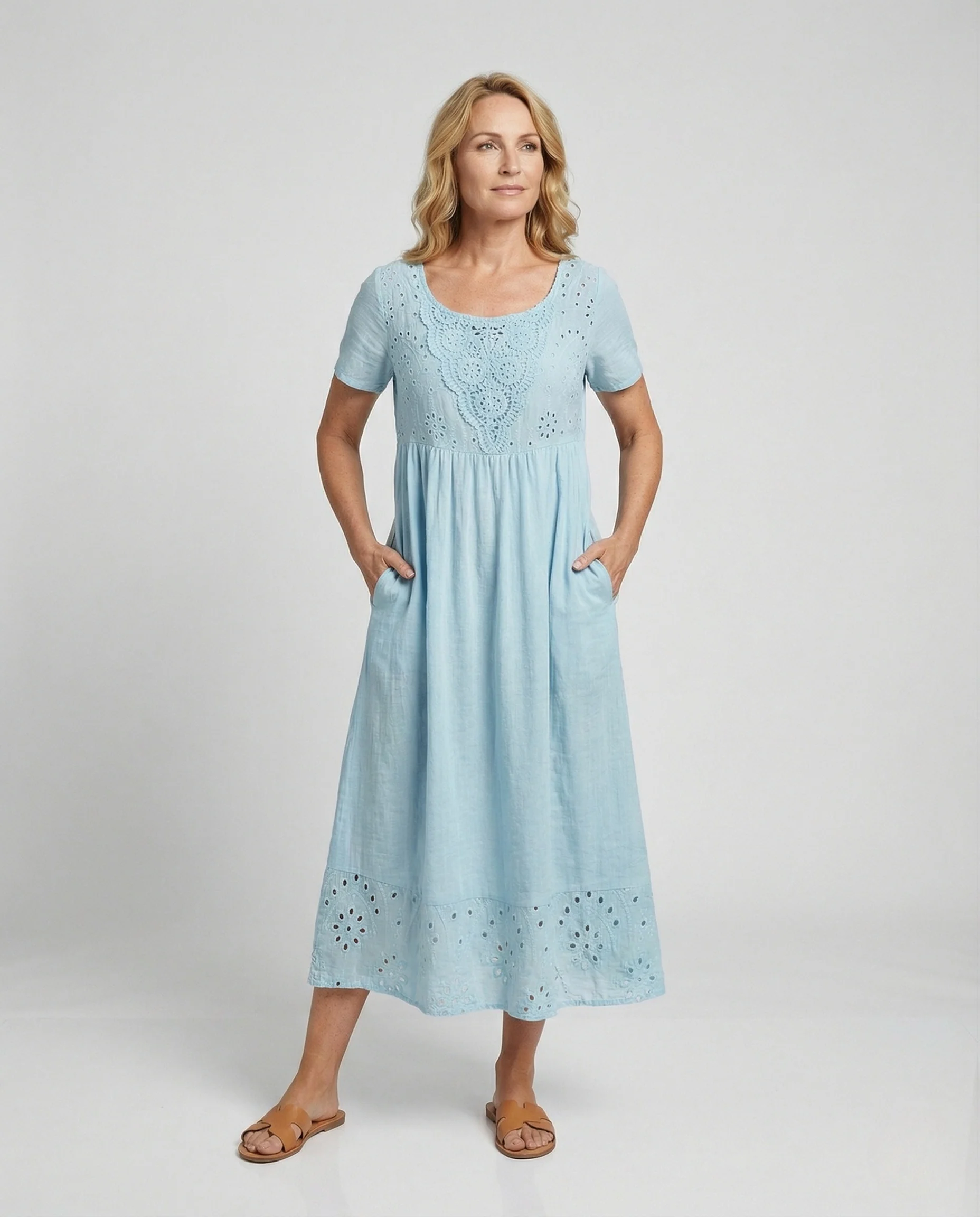 Damen Midikleid A-Linie mit Häkeleinsatz – Freizeitkleid