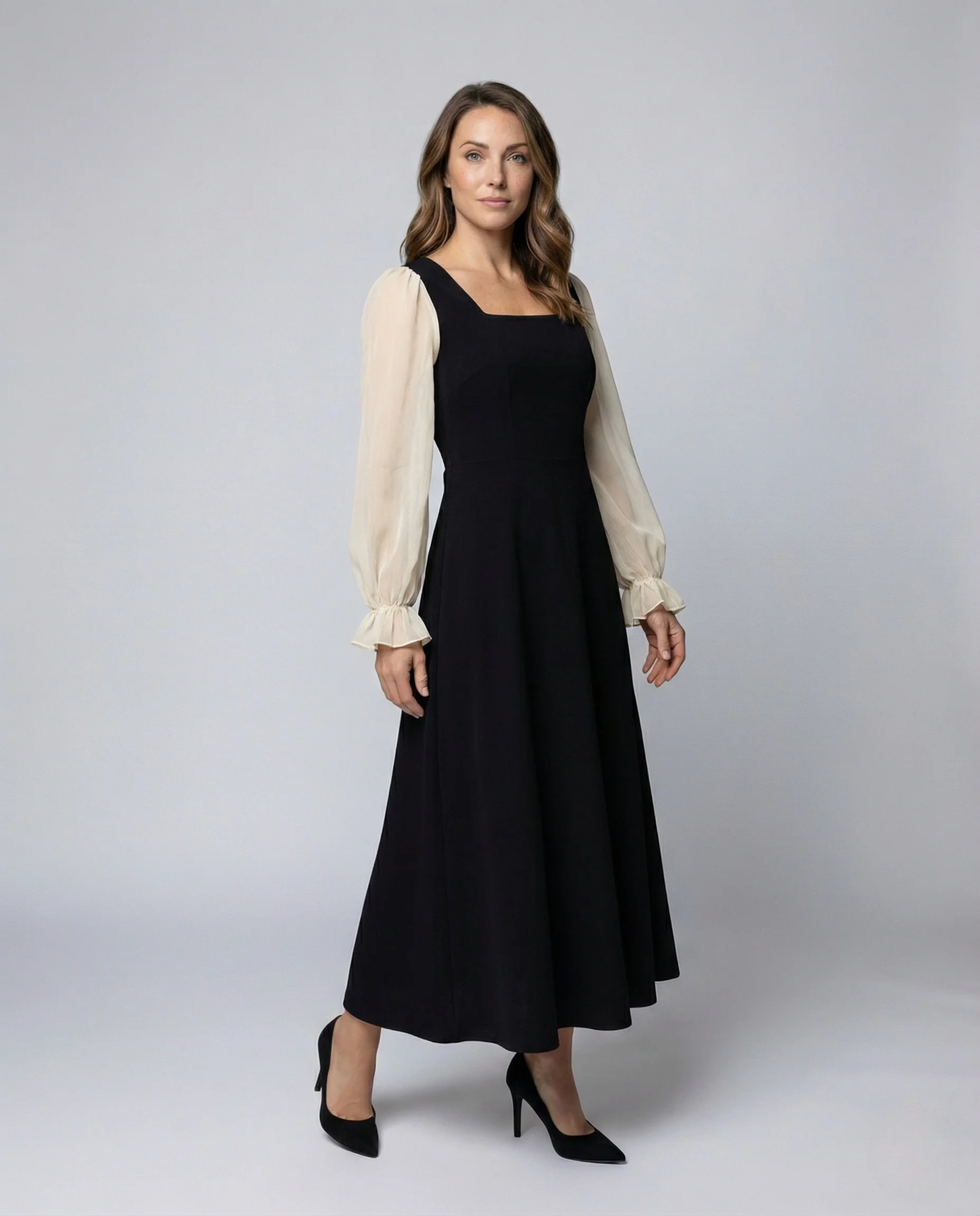 Damen A-Linien Abendkleid mit Organza Ballonärmeln