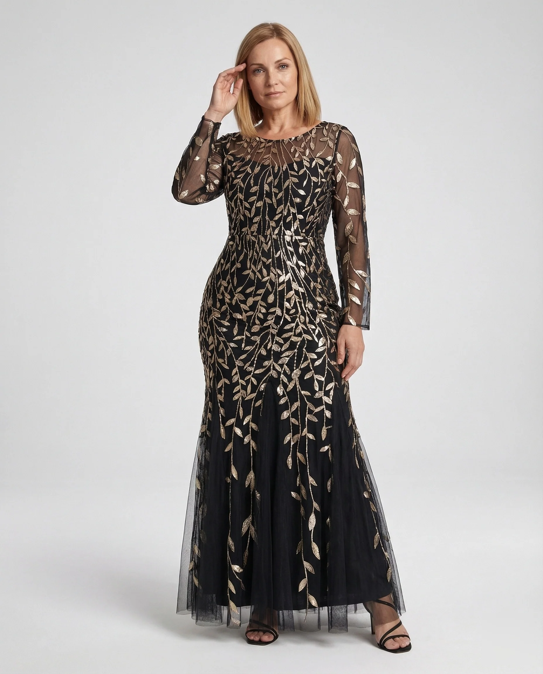 Damen Tüll-Abendkleid mit Blattstickerei und Meerjungfrauen-Silhouette