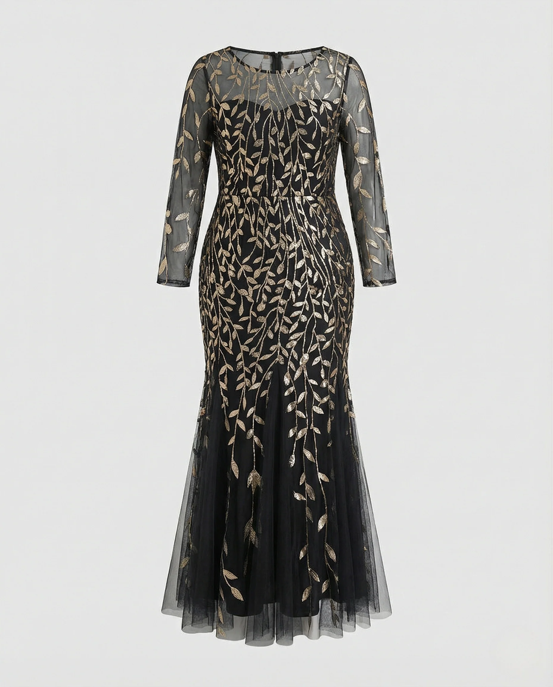 Damen Tüll-Abendkleid mit Blattstickerei und Meerjungfrauen-Silhouette - Image 5