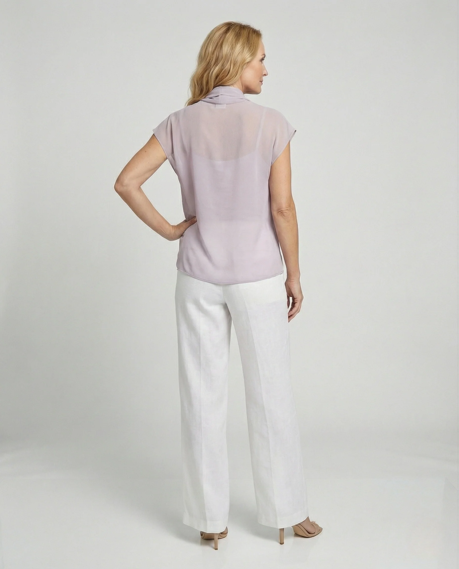 Damen Ärmellose Bluse mit Drapiertem Tuchkragen - Image 3