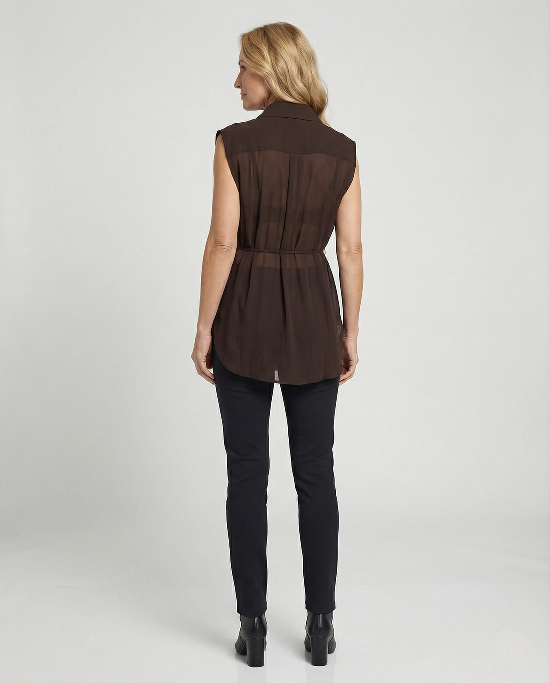 Damen Lange Ärmellose Chiffonbluse mit Hemdkragen - Image 4