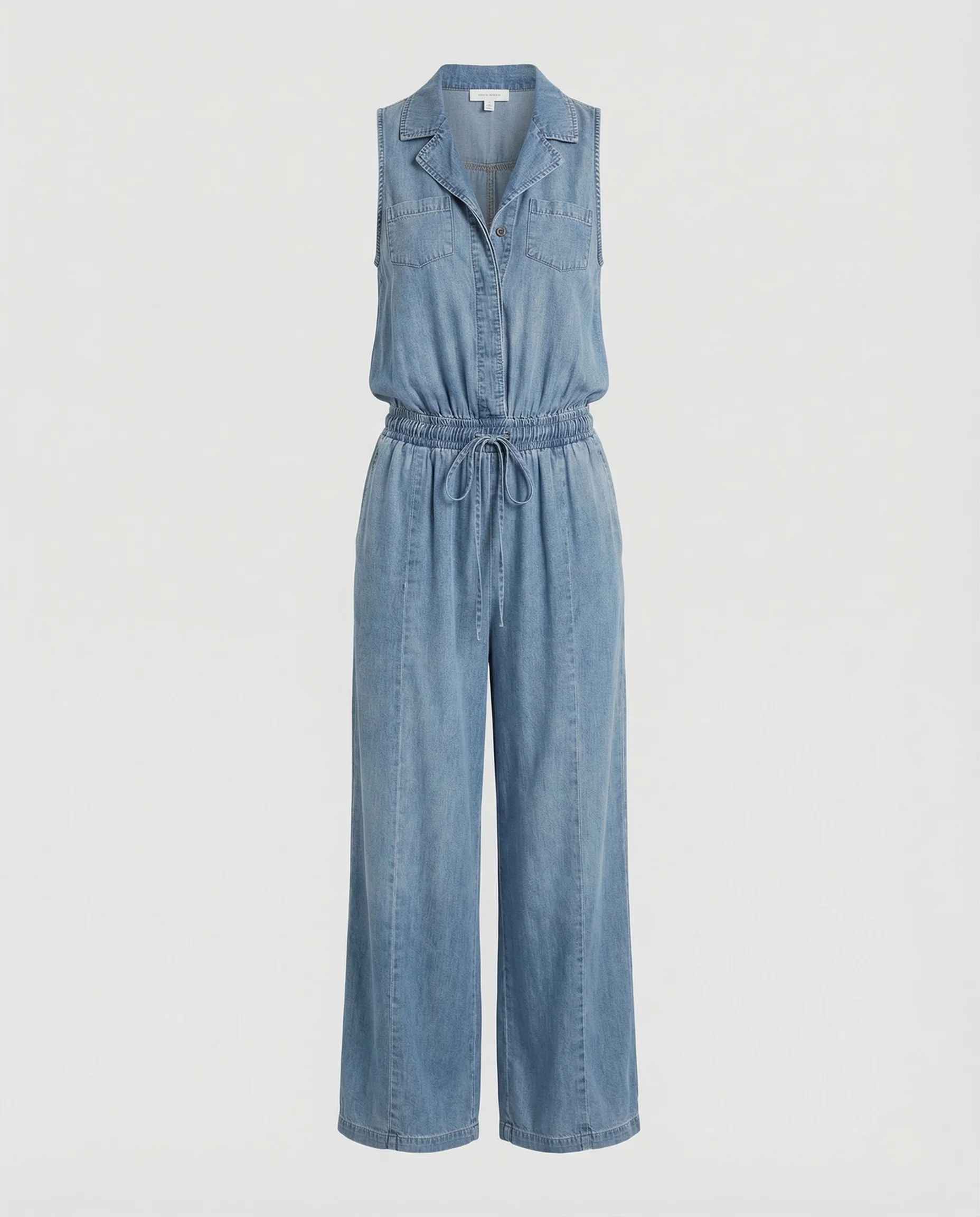 Damen ärmelloser Denim Jumpsuit mit Hemdkragen & Kordelbund Wide Leg - Image 5