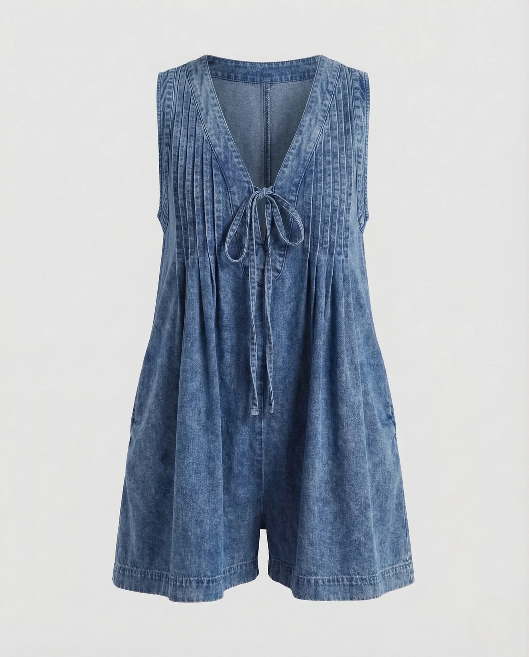 Damen ärmelloser Kurzoverall mit V-Ausschnitt & Tunnelzug Sommer Jumpsuit - Image 8