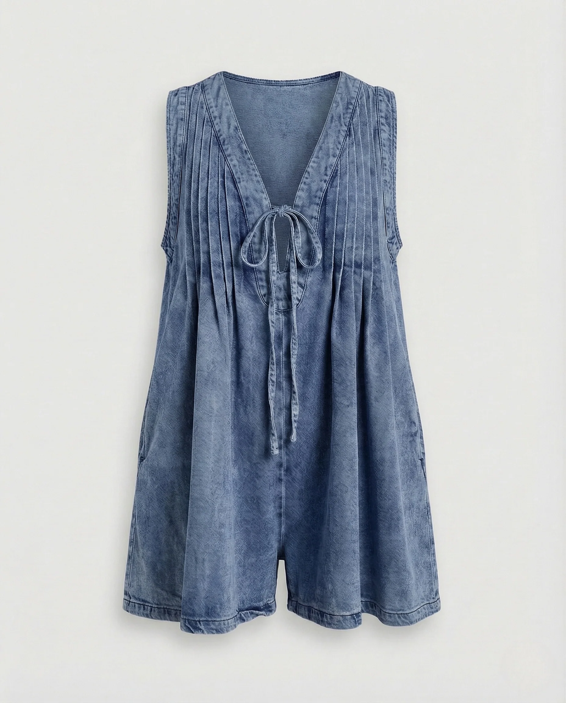 Damen ärmelloser Sommeroverall V-Ausschnitt Bindegürtel Taschen - Image 13