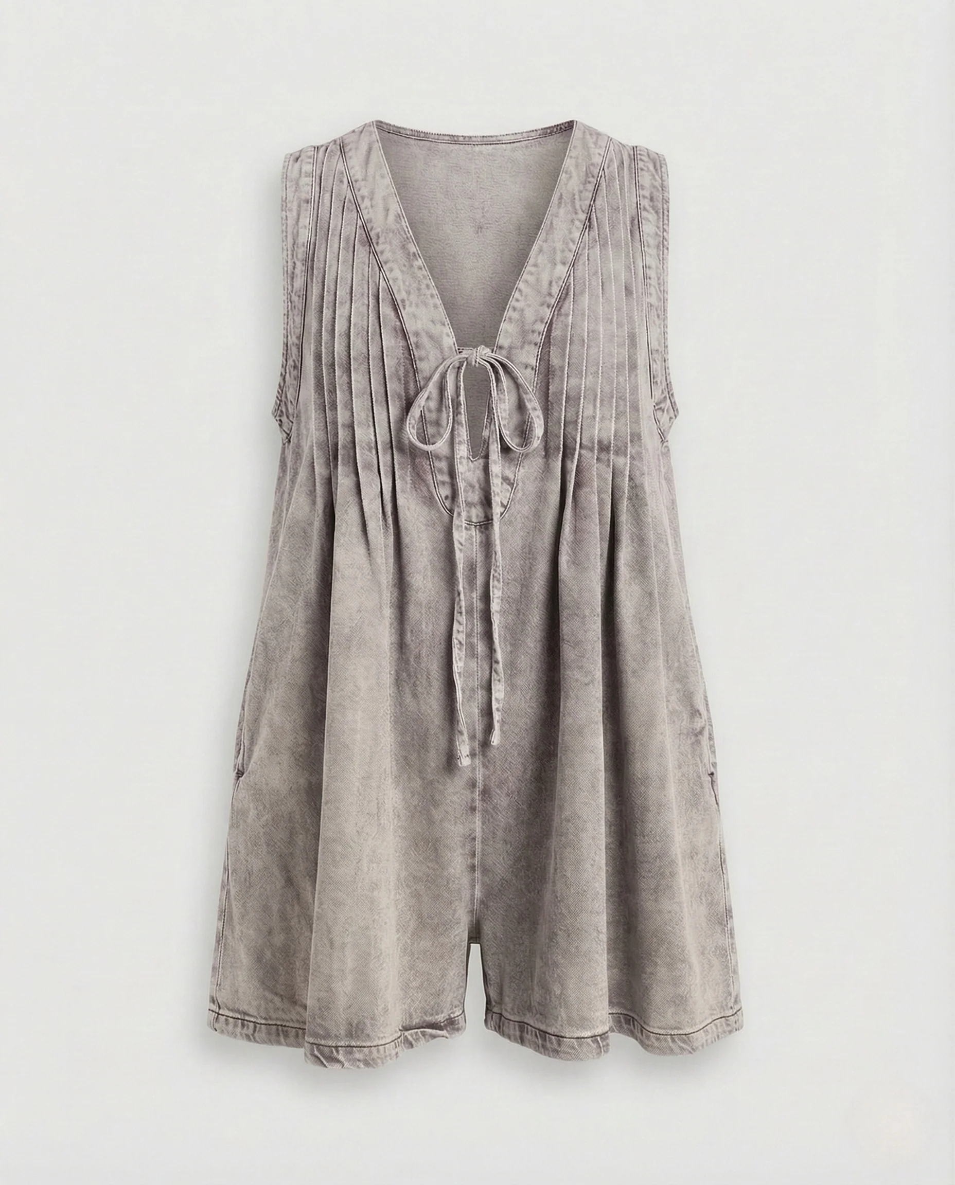 Damen ärmelloser Sommeroverall V-Ausschnitt Bindegürtel Taschen - Image 7