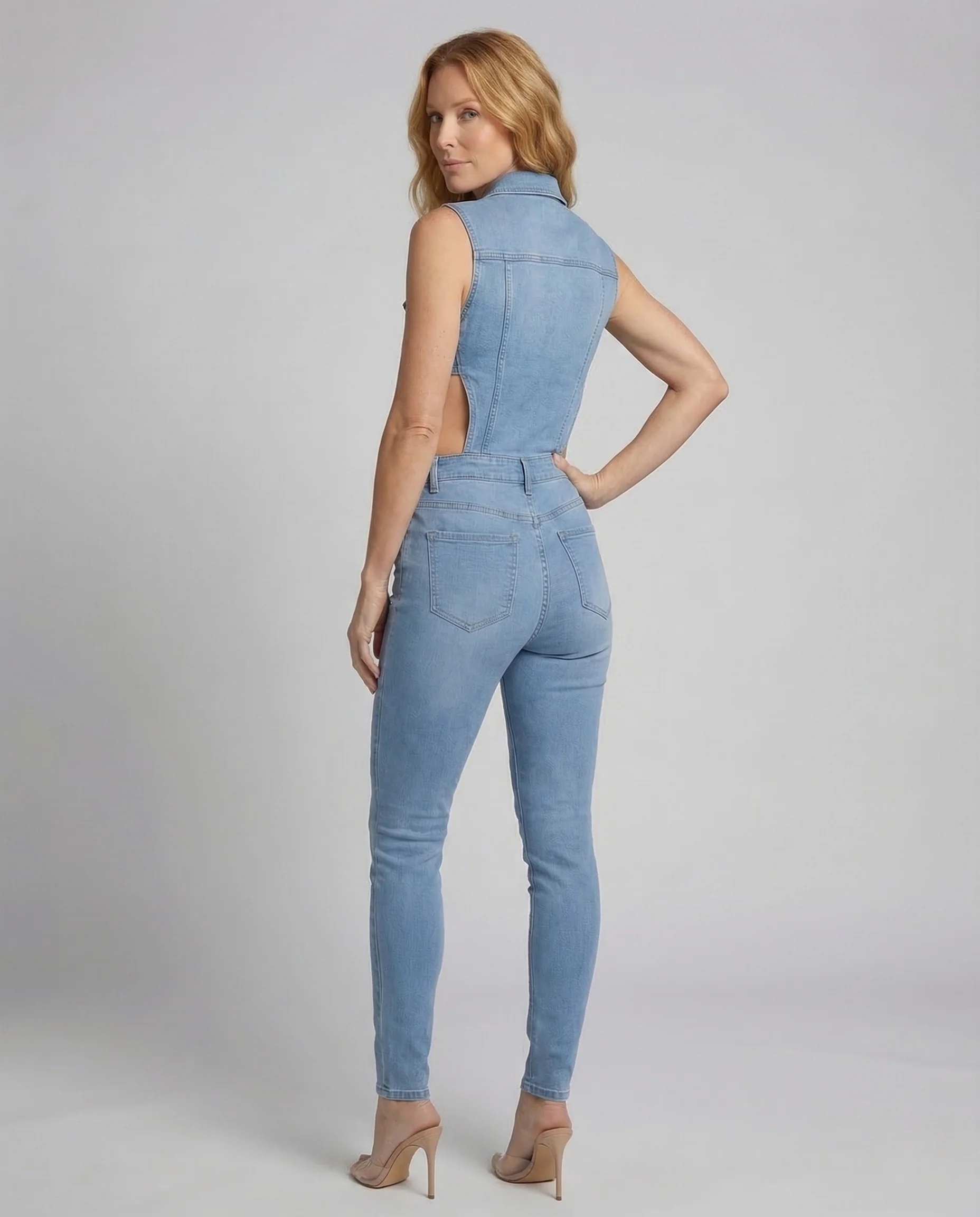Damen Jeans Jumpsuit Ärmellos Tailliert Cutout - Image 3