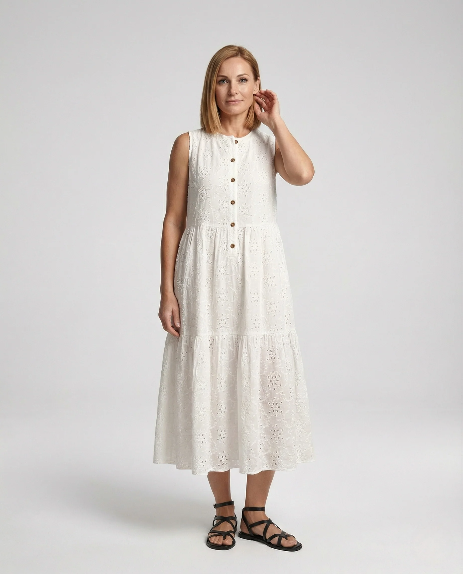 Damen Ärmelloses A-Linien Lagenkleid mit Broderie
