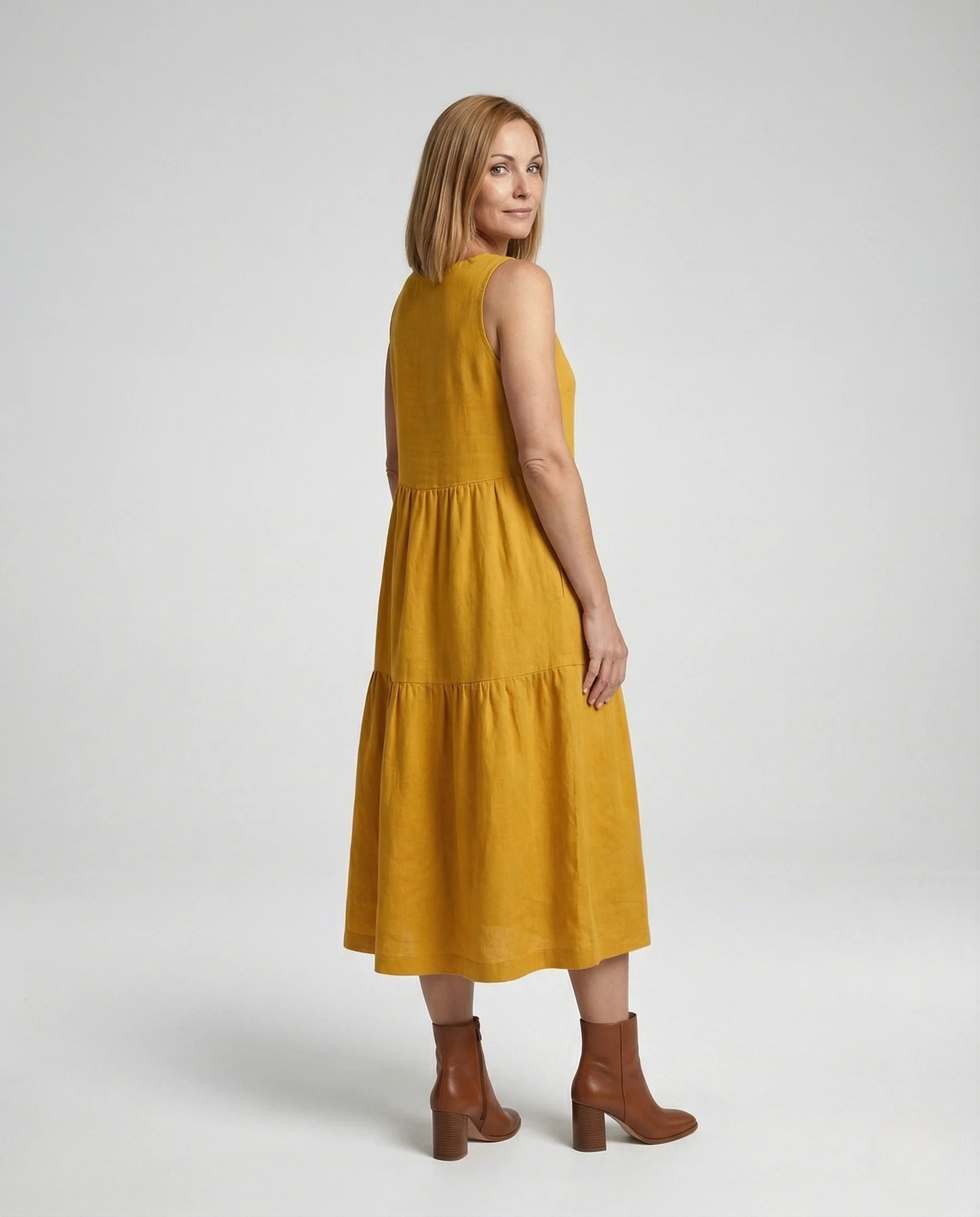 Damen Ärmelloses Leinenoptik Stufenkleid - Image 3