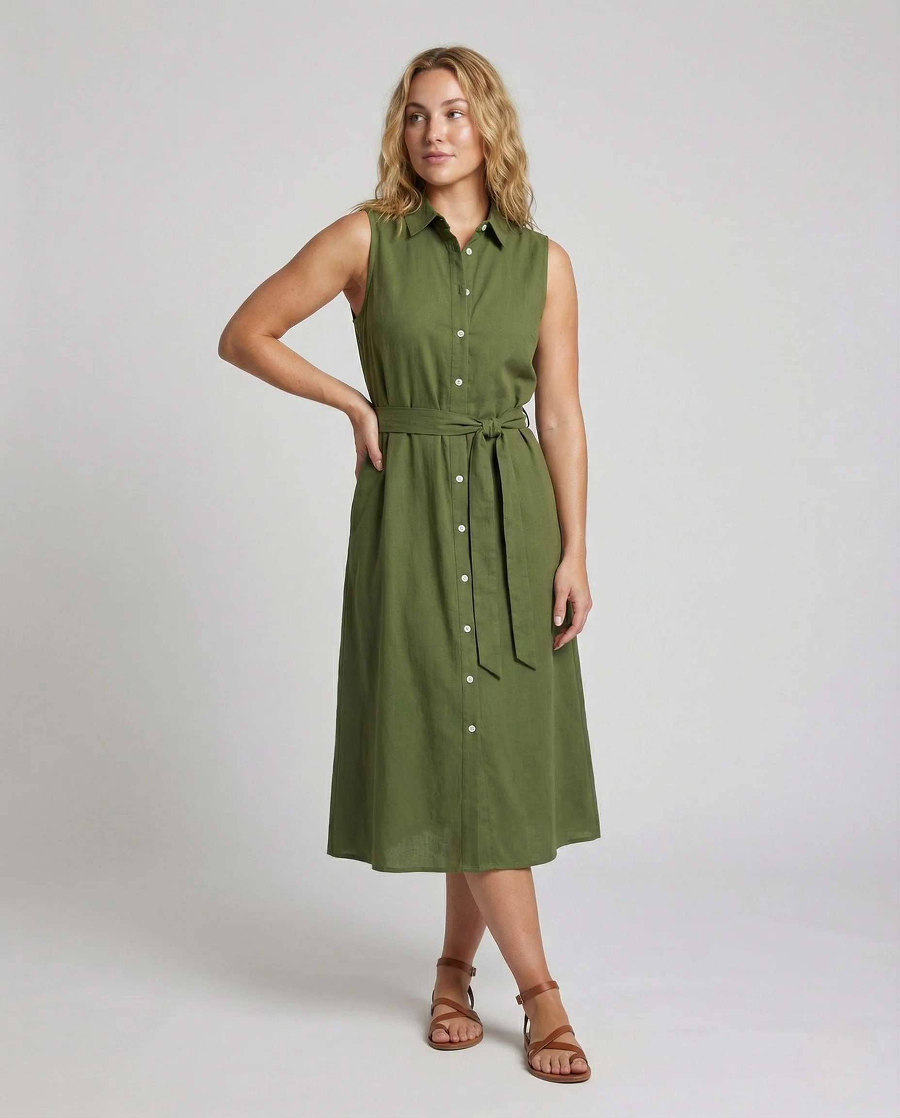 Damen Ärmelloses Hemdblusenkleid mit Bindegürtel