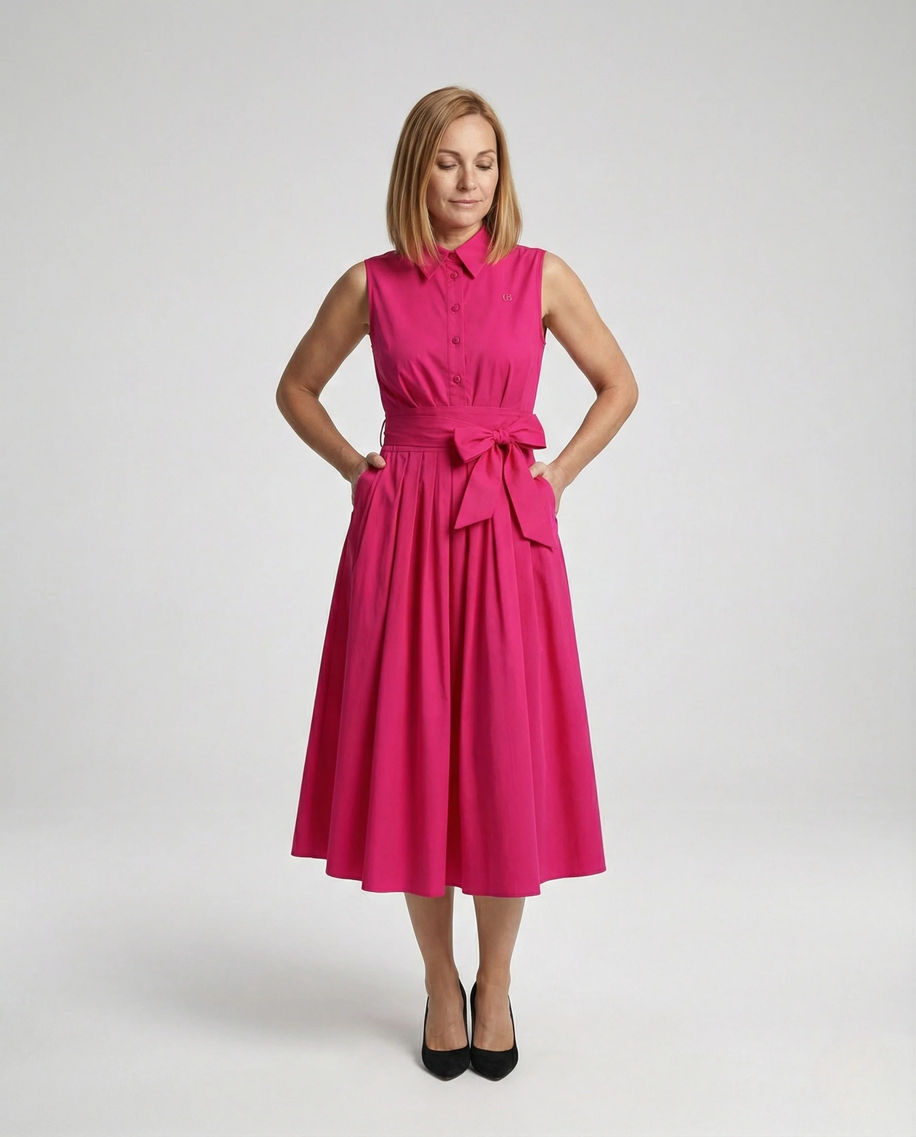 Damen Ärmelloses Hemdblusenkleid mit plissiertem Rock und Bindegürtel - Image 2