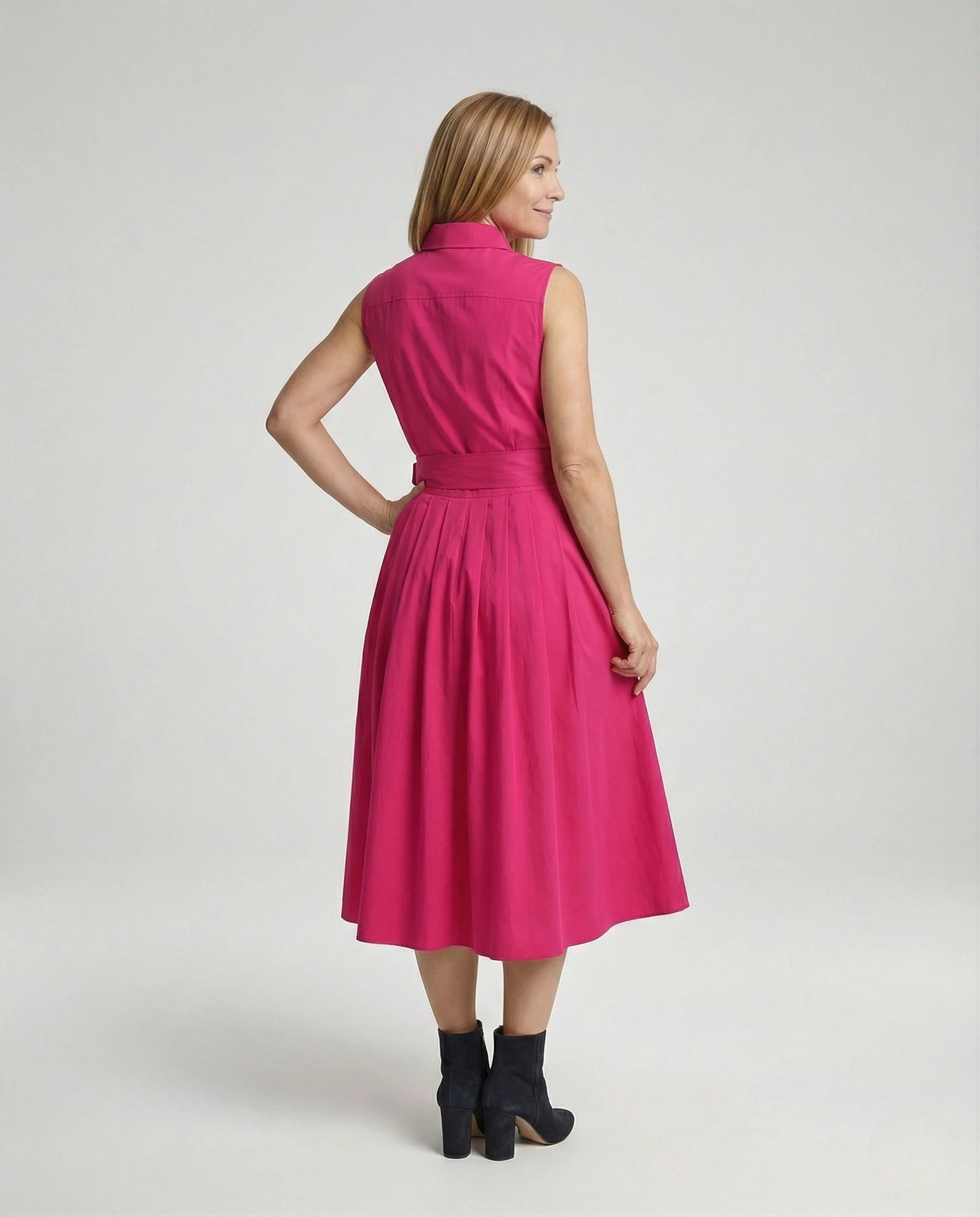 Damen Ärmelloses Hemdblusenkleid mit plissiertem Rock und Bindegürtel - Image 3