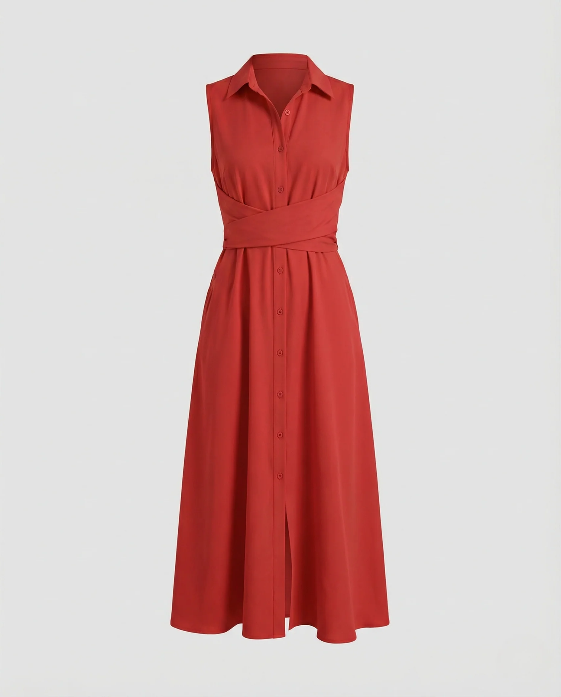 Damen Ärmelloses Hemdblusenkleid mit Wickelbund und Eingrifftaschen - Image 6