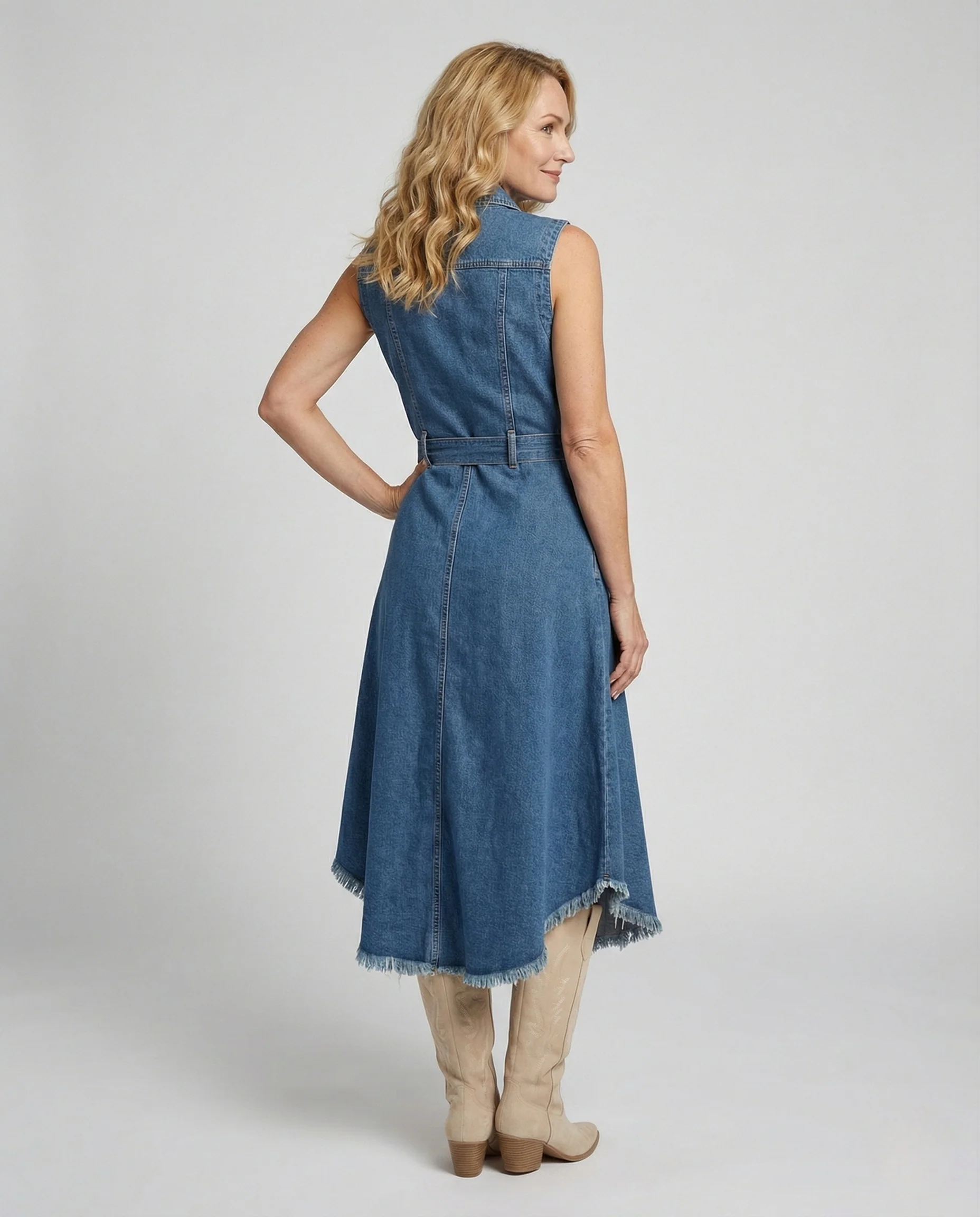 Ärmelloses Jeanskleid Damen Asymmetrisch Mit Taillengürtel - Image 3