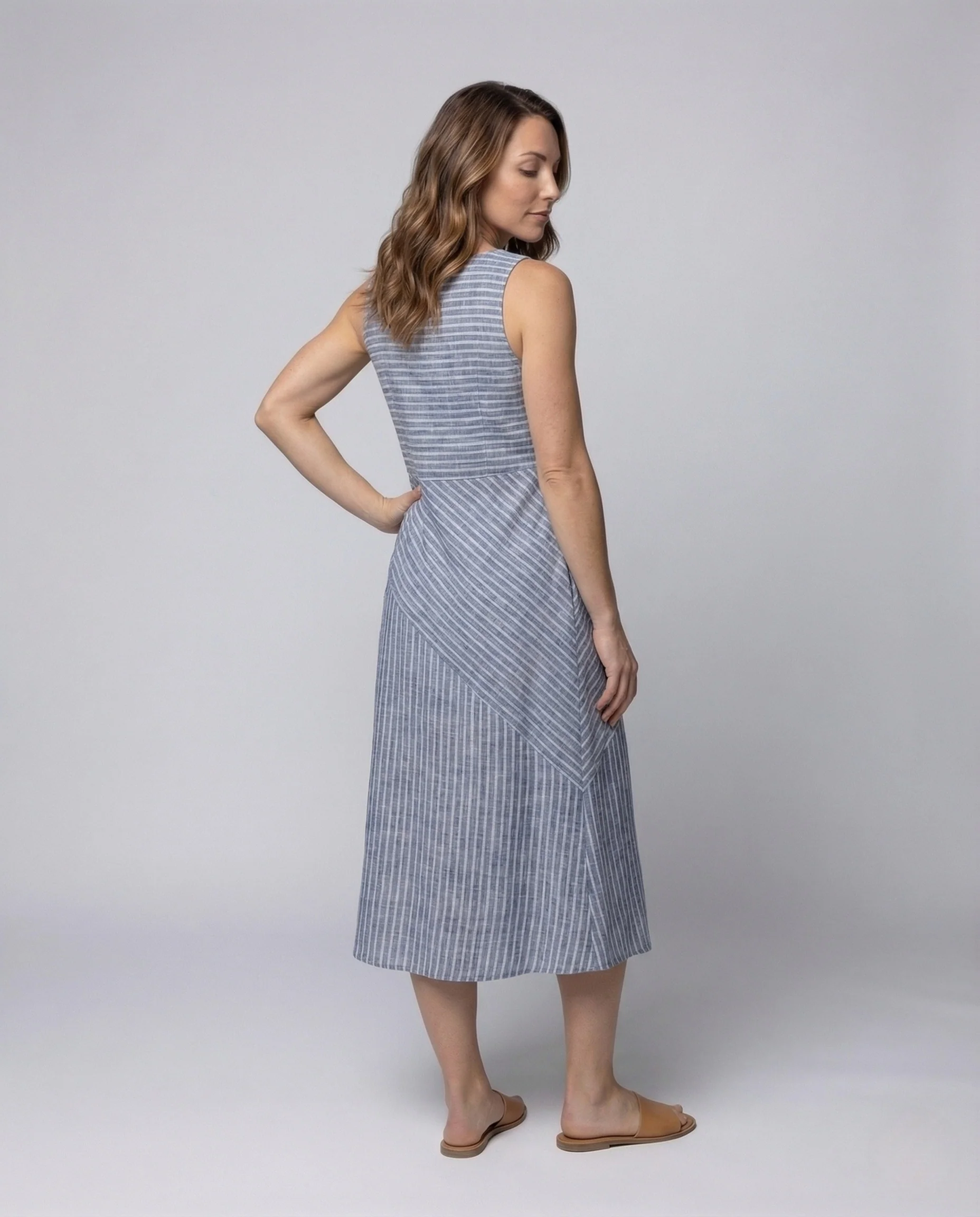Damen Leinen Midikleid Taschen Ärmellos - Image 4