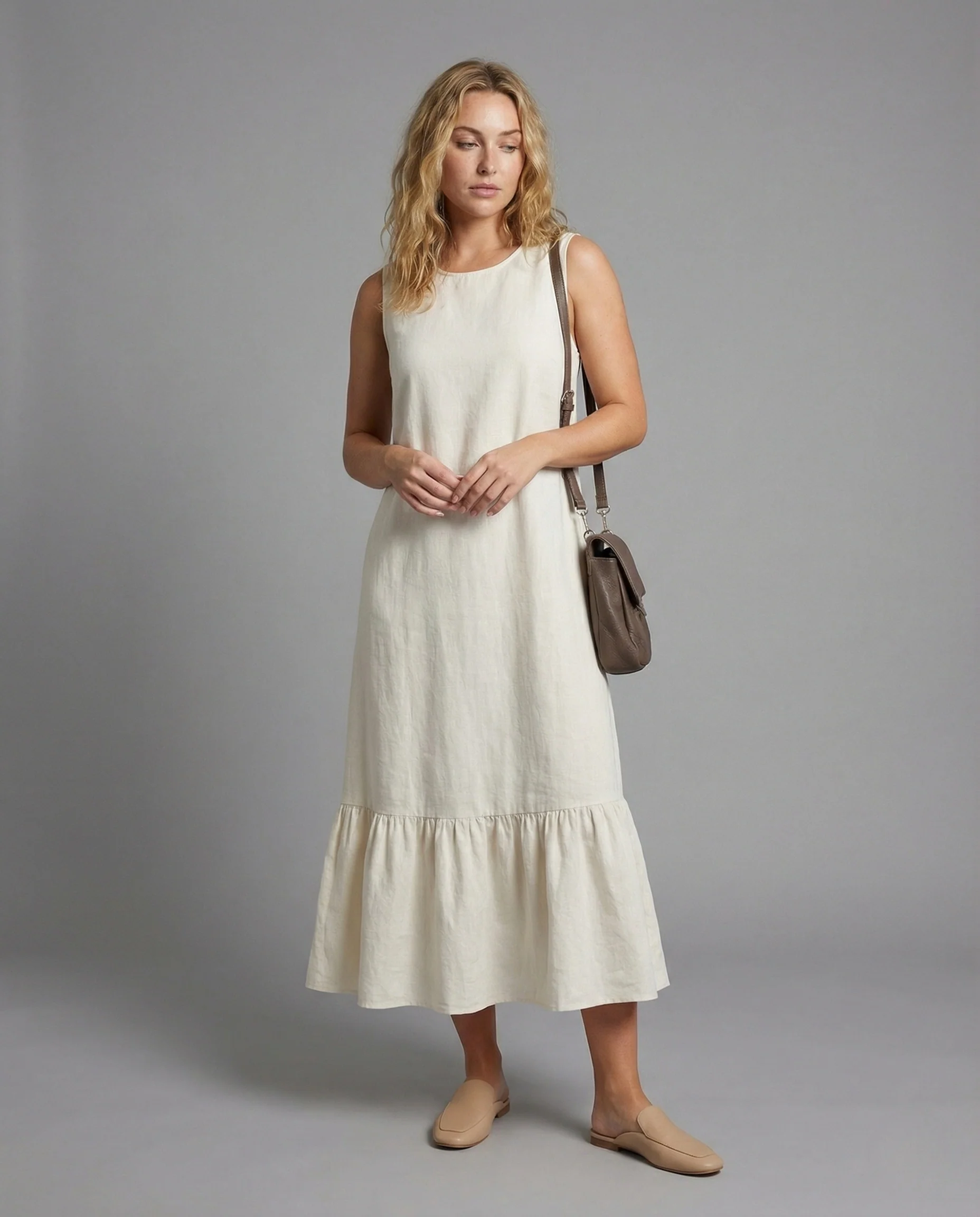 Damen Leinenmix Maxikleid mit Volant und Taschen