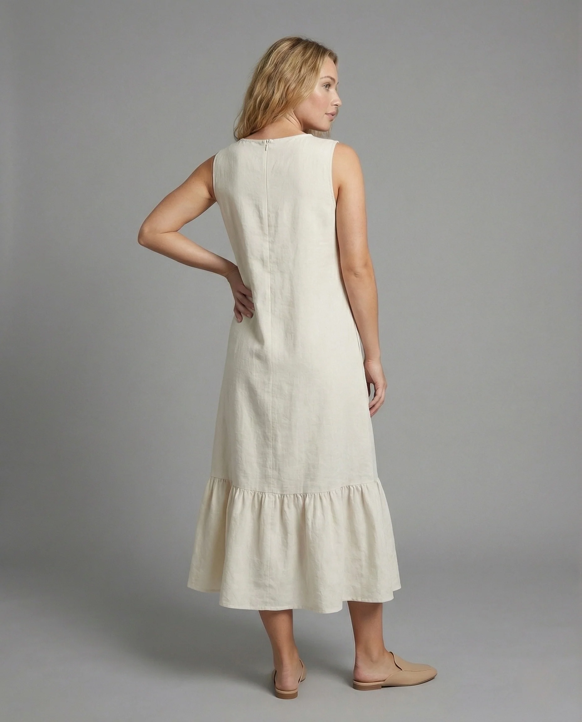 Damen Leinenmix Maxikleid mit Volant und Taschen - Image 4