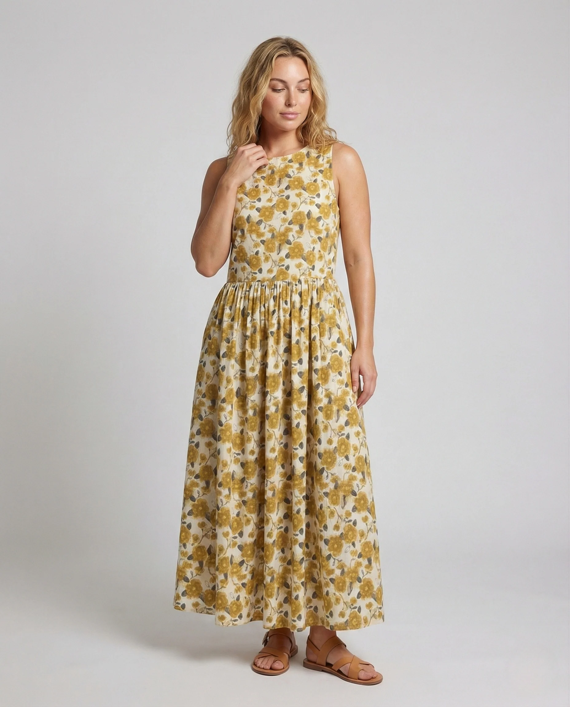 Damen Leinenoptik Maxikleid mit Faltenrock