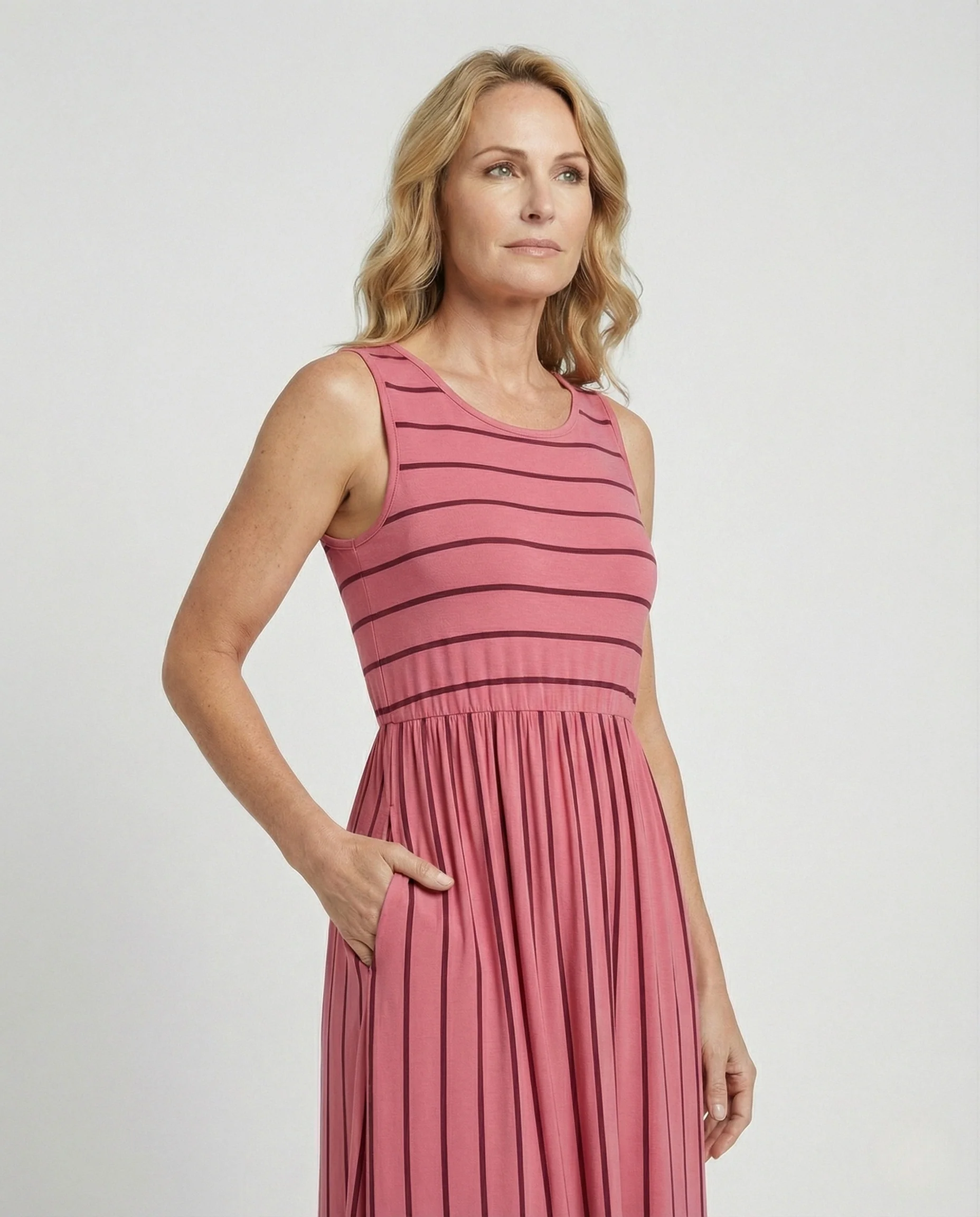 Plissee Maxikleid Ärmellos Damen Mit Taschen - Image 2