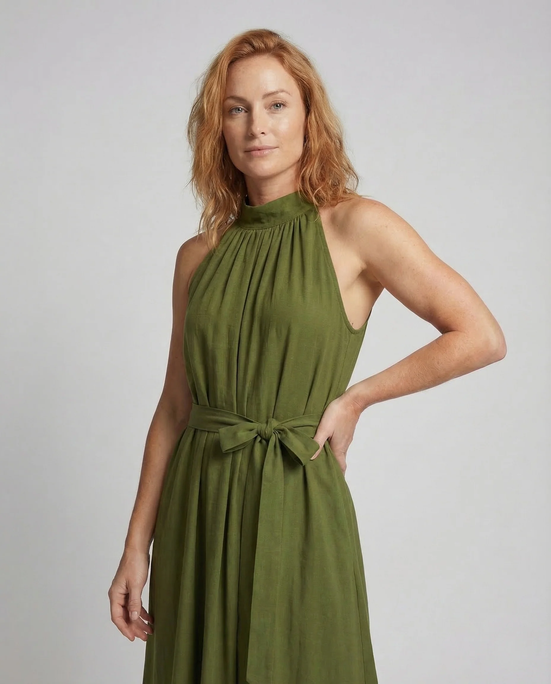 Damen Maxikleid Stehkragen Leinenoptik - Image 2