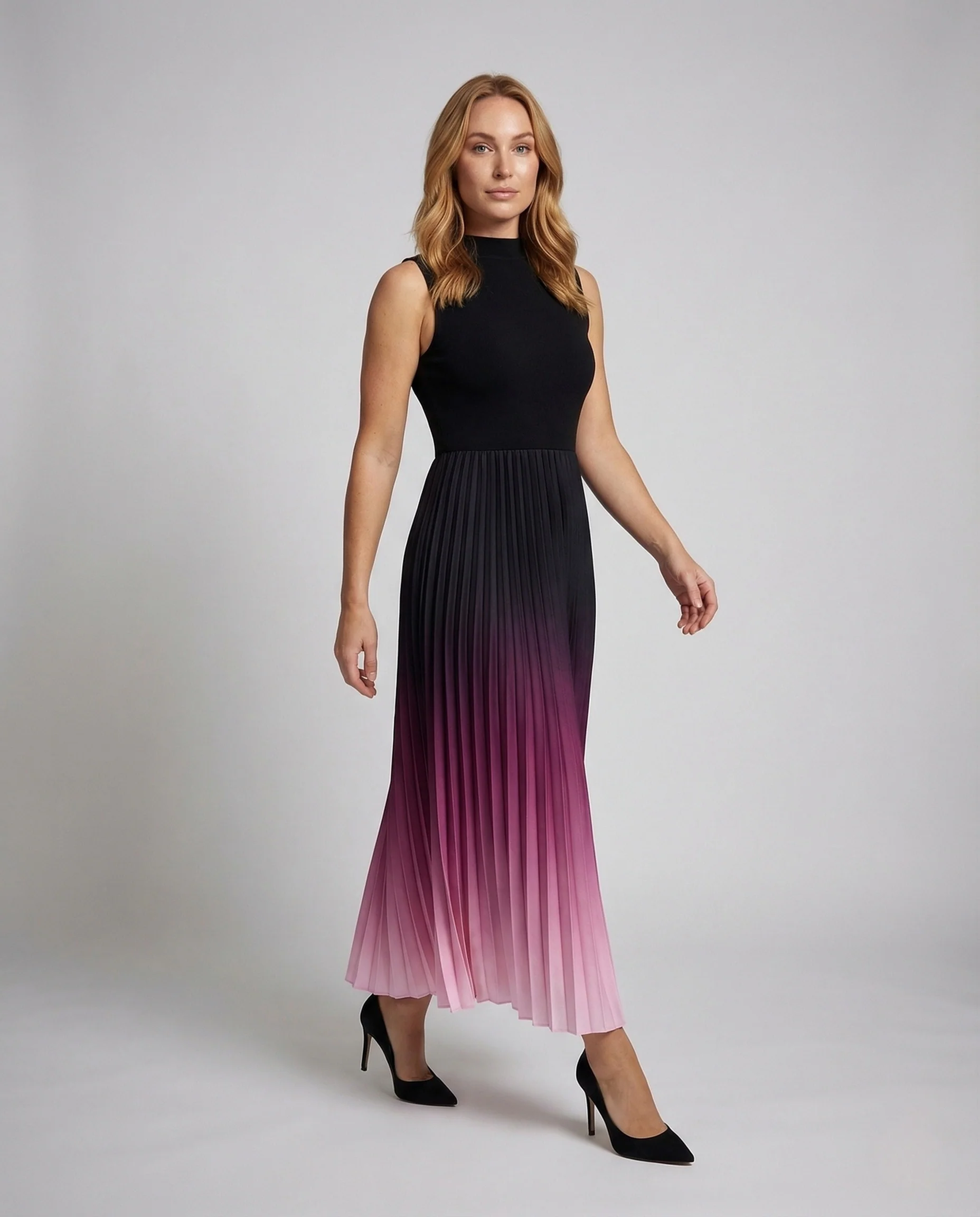 Damen Plissee Maxikleid Ärmellos Stehkragen
