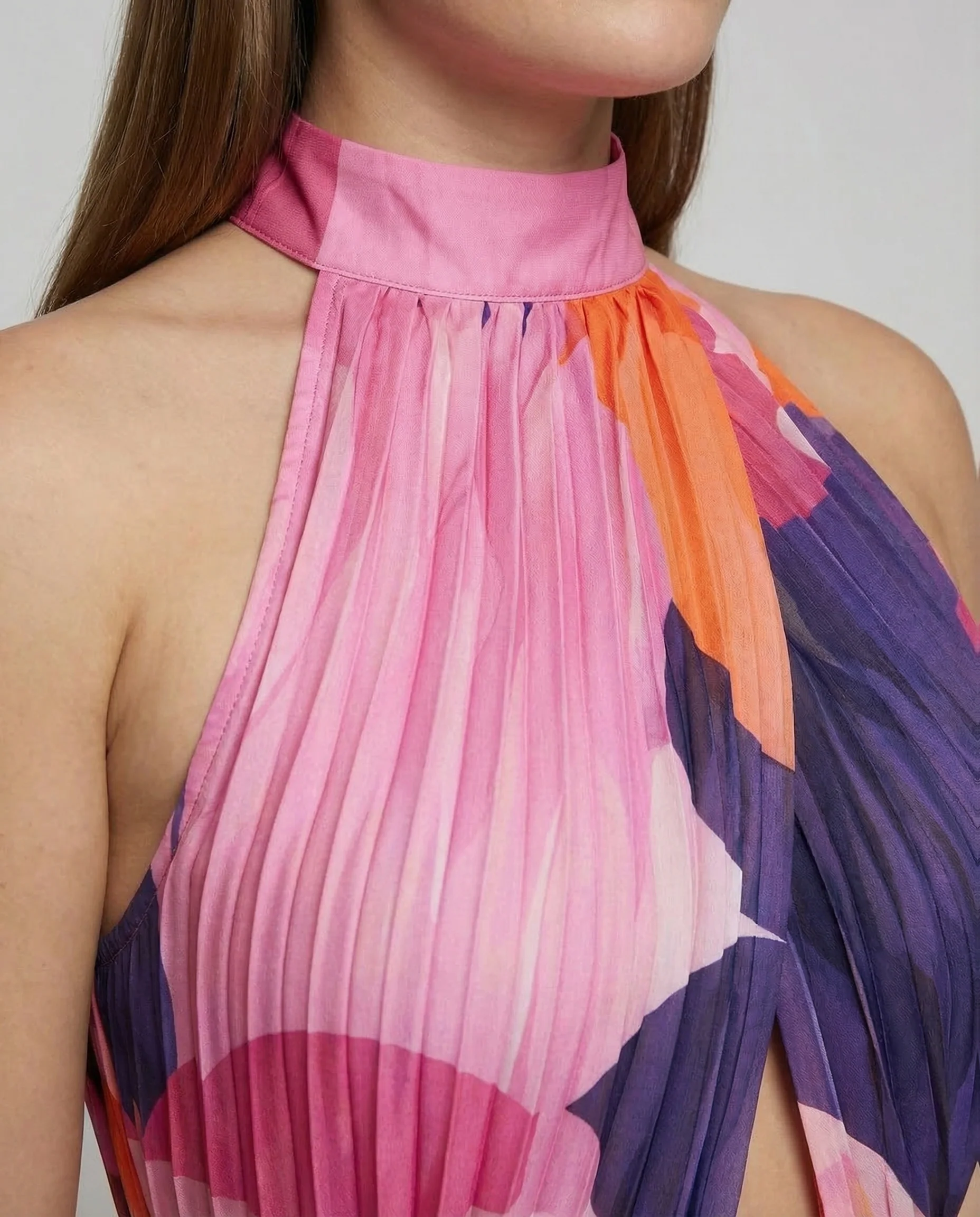 Damen Plissee Maxikleid Stehkragen - Image 3