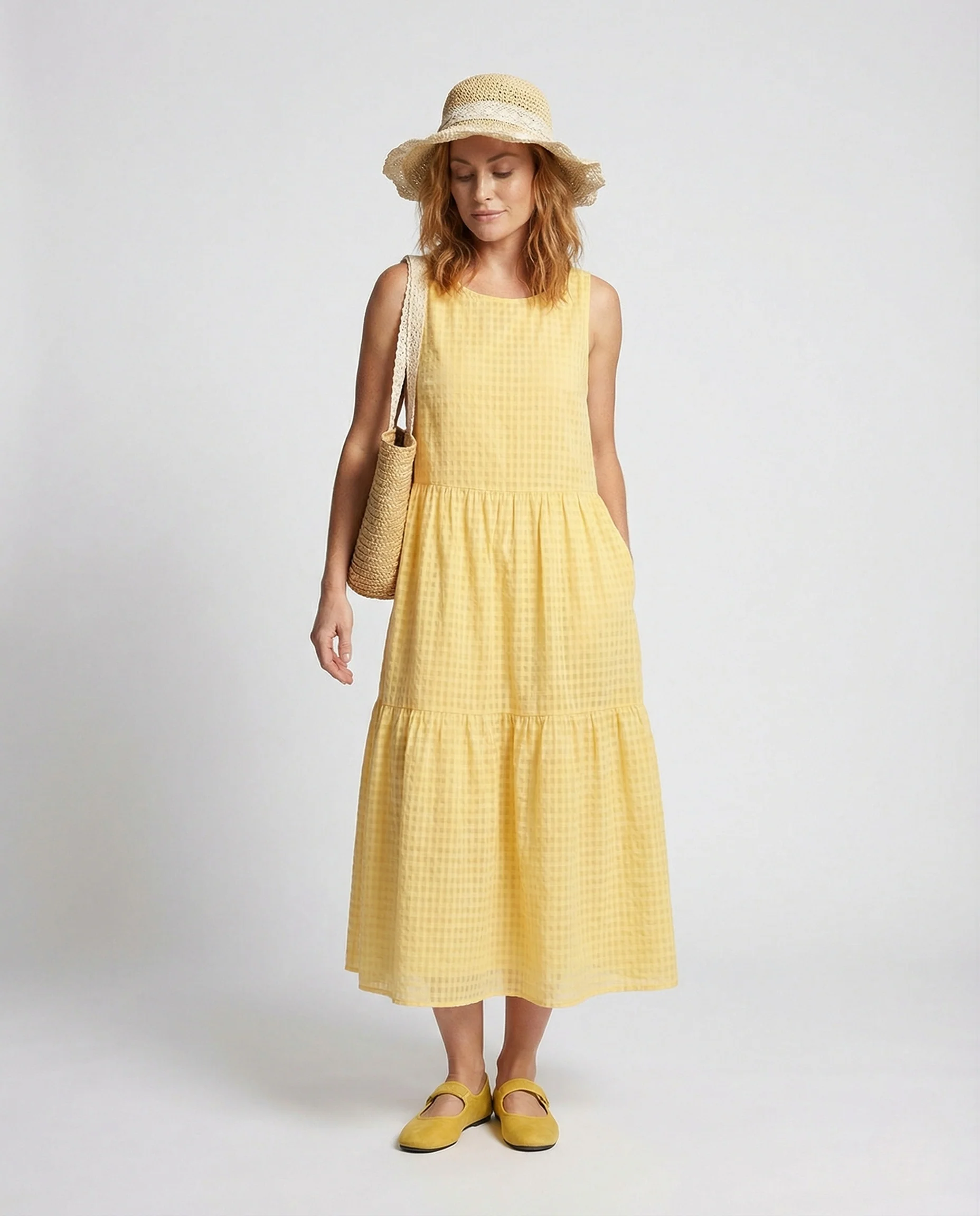 Damen Stufenmaxikleid mit Karo Struktur