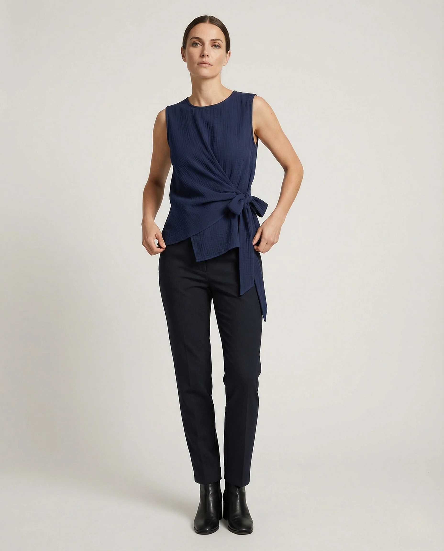 Damen Asymmetrische Leinen Tunika mit Seitenschleife