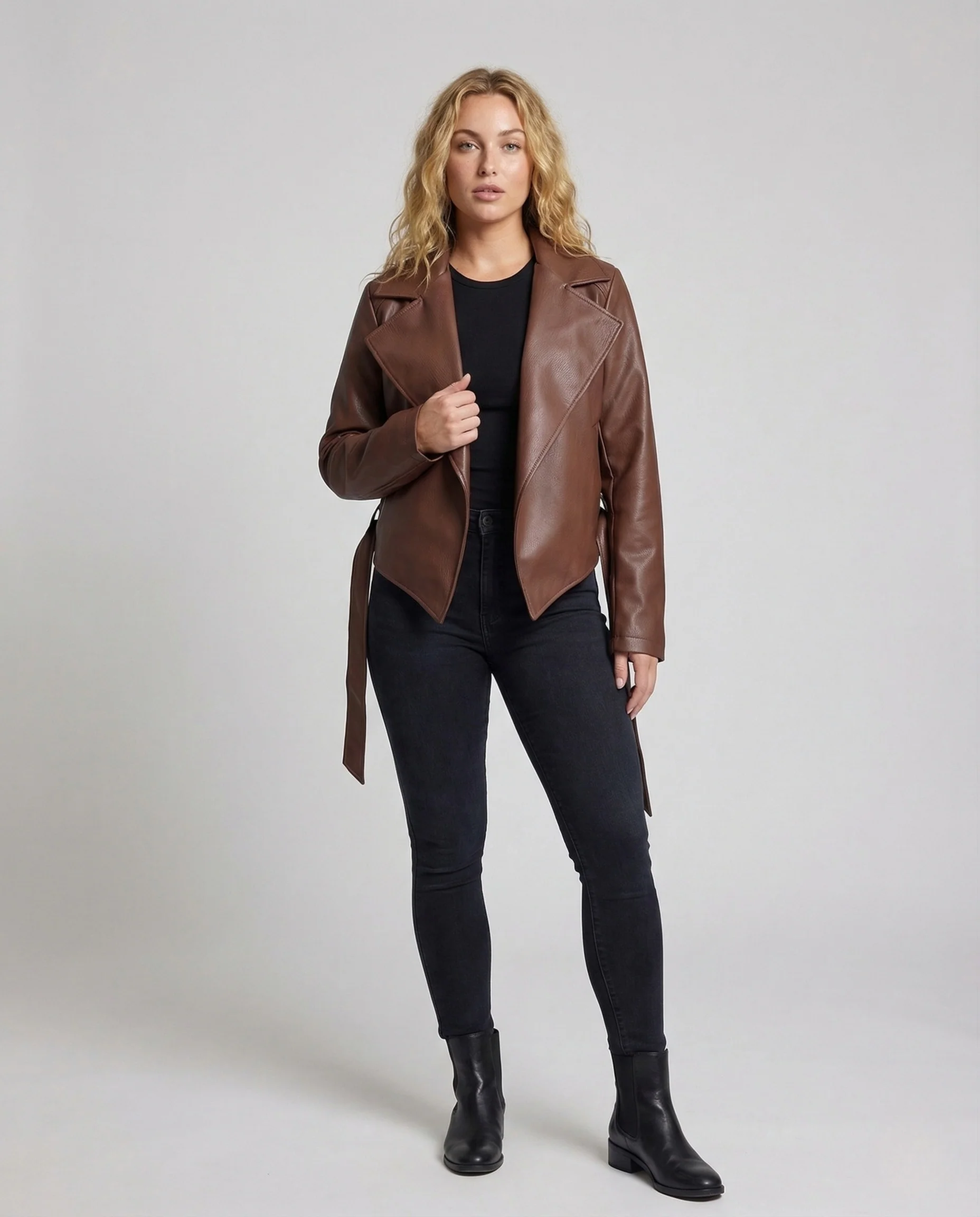 Damen Kunstlederjacke Asymmetrisch Gürtel