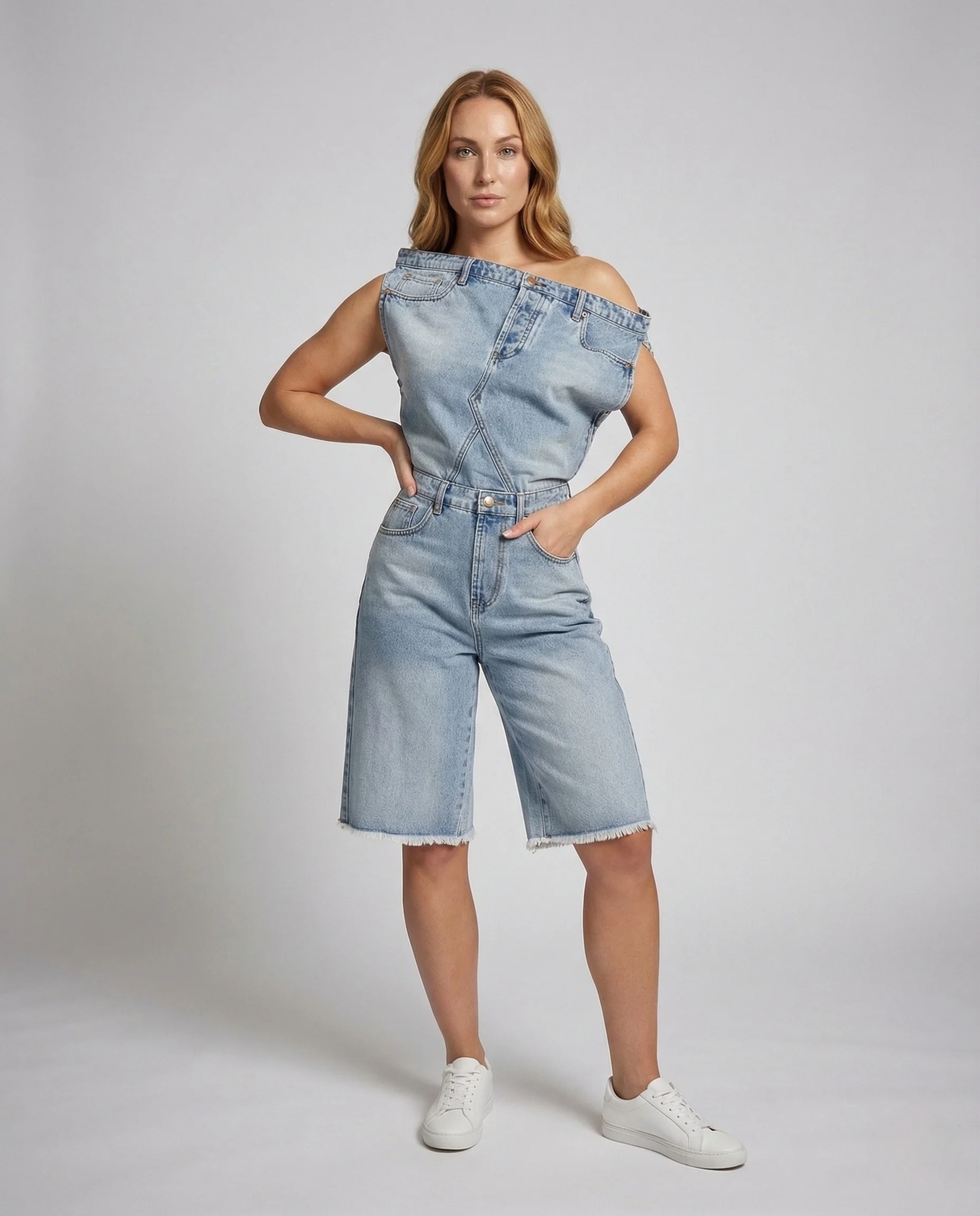 Damen Asymmetrischer Carmen Jeans Einteiler