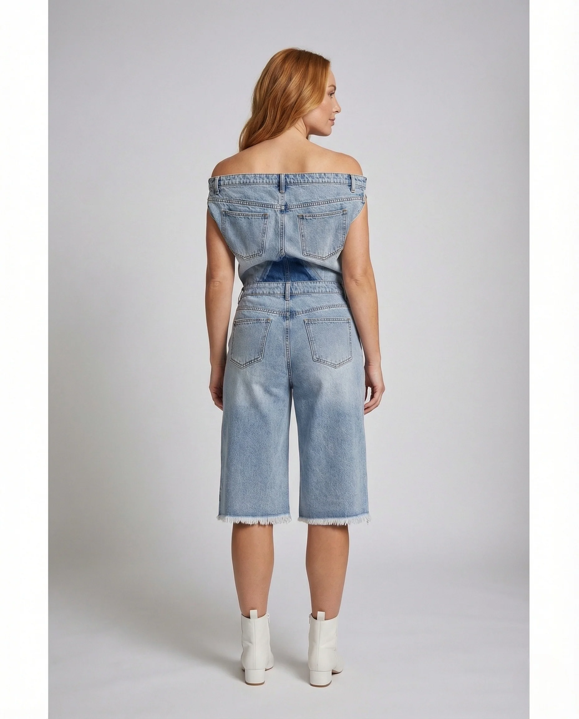 Damen Asymmetrischer Carmen Jeans Einteiler - Image 3
