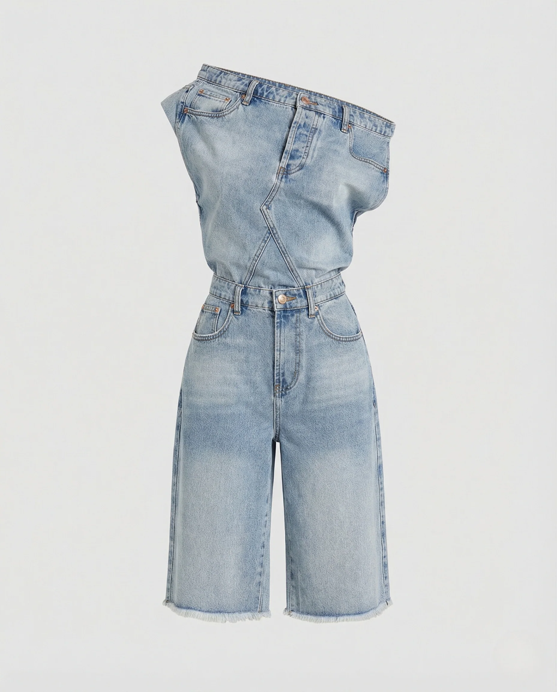 Damen Asymmetrischer Carmen Jeans Einteiler - Image 4